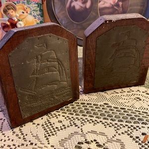 Antique wood and tin type sail boat book ends
